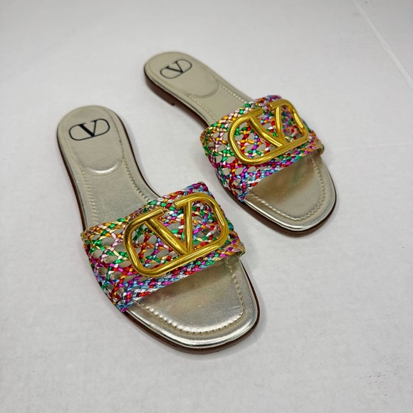 Valentino Multicolor Braided Leather VLOGO Flat Slides Size 37.5 - Picture 9 of 10
